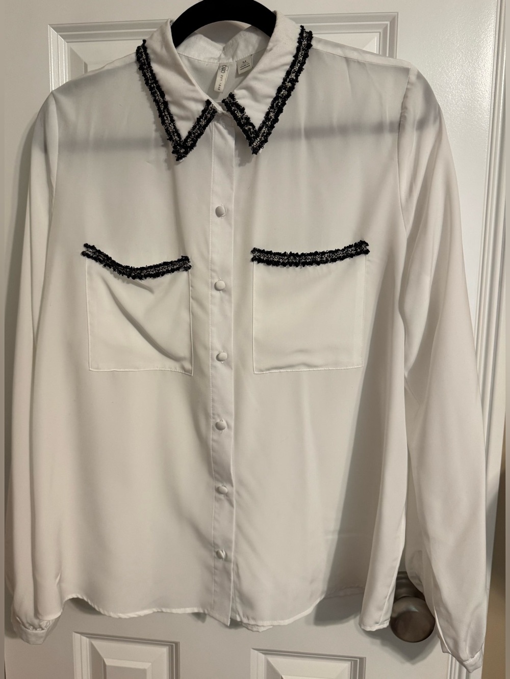 Cato White Button-Up Blouse with Black Trim